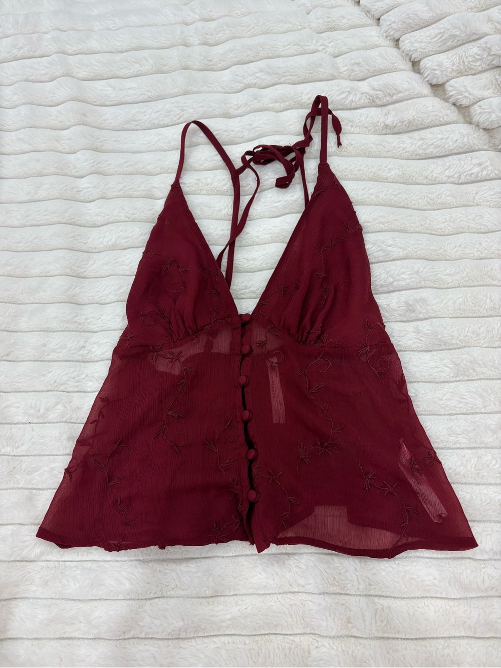 Anthropologie Burgundy Embroidered V-Neck Tie-Back Camisole
